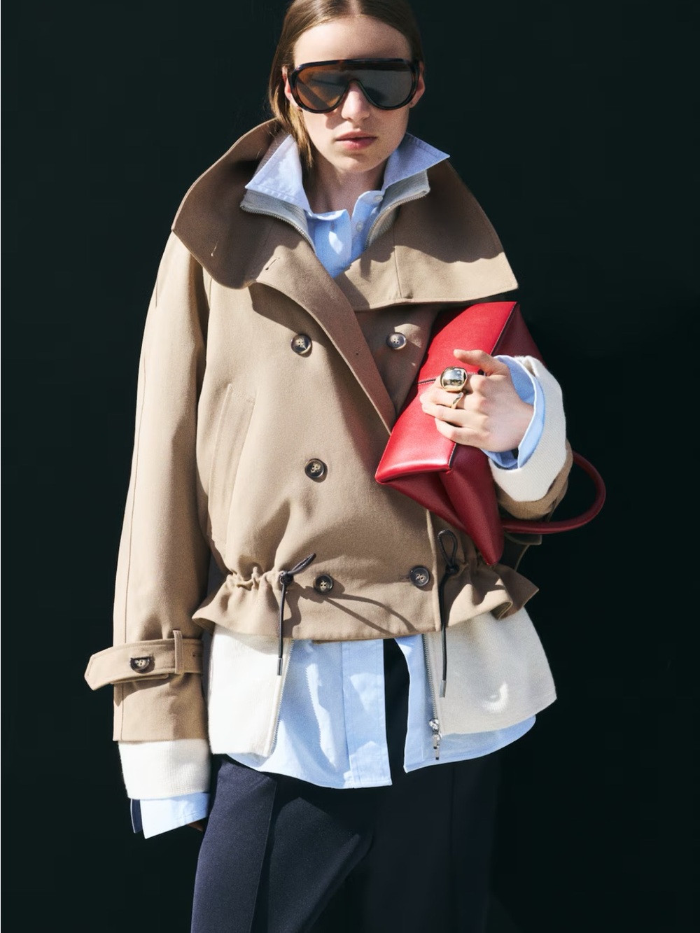 Womens Beige Drawstring Waist Funnel Trench Jacket